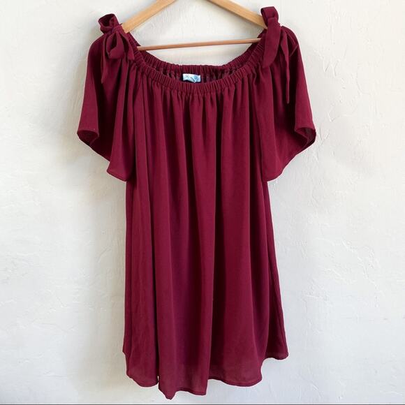 She‎ + Sky Silk Maroon Off The Shoulder Tie Dress - Picture 1 of 5